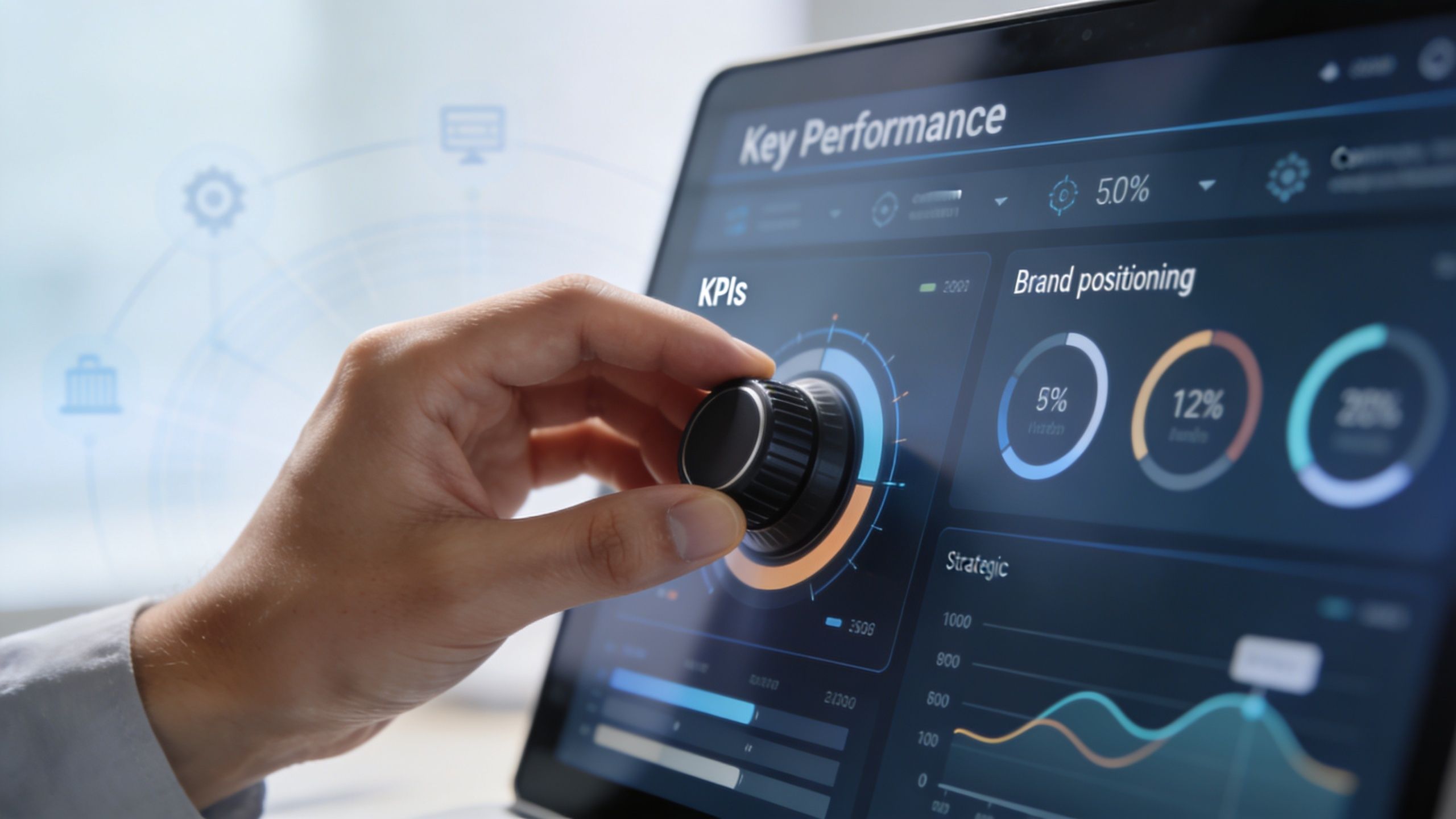 A close-up view of a hand adjusting a digital knob on a touchscreen display showing marketing analytics.