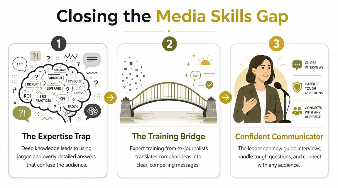 A three-step process diagram illustrating how professional training closes the media skills gap for confident communication.