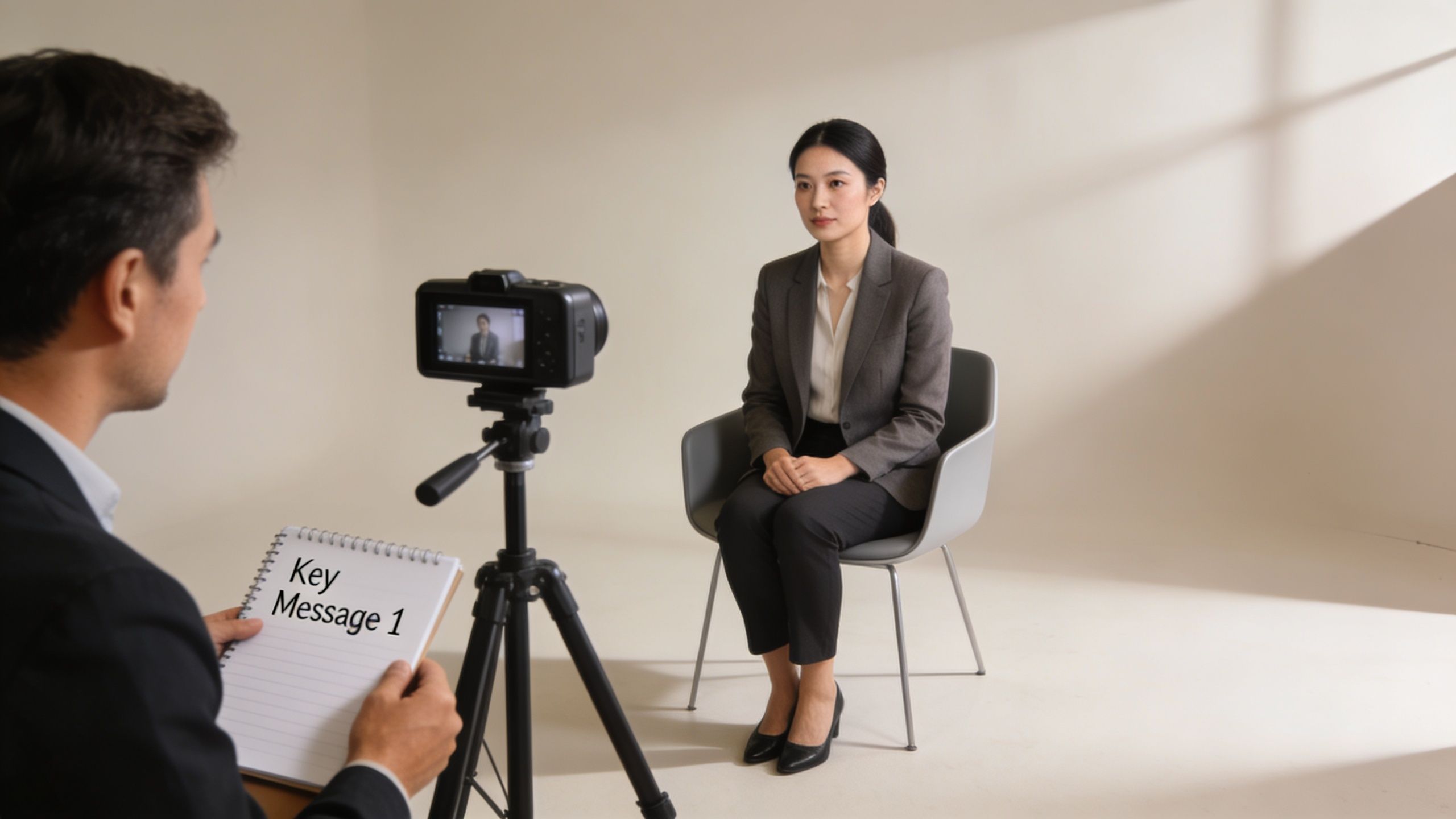 A professional interviewer holding a notepad with key messages while recording a woman in a business suit.