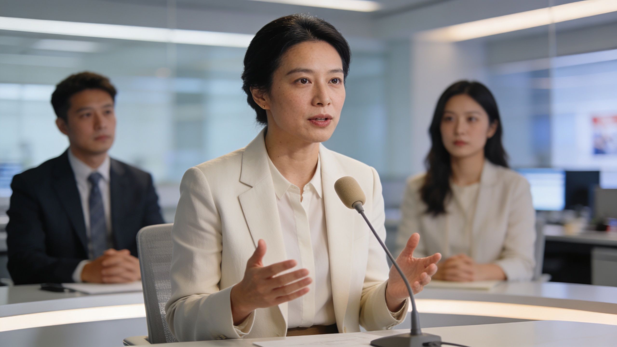 A professional woman speaking at a microphone with colleagues sitting behind her in an office setting.
