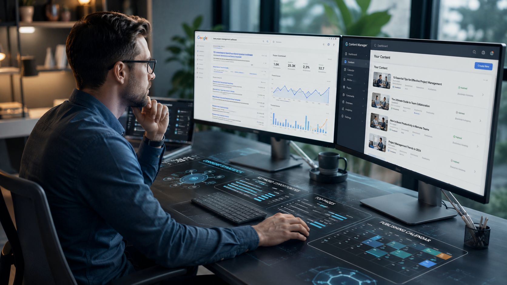 A focused professional managing a content strategy dashboard on dual monitors with interactive digital desk displays.