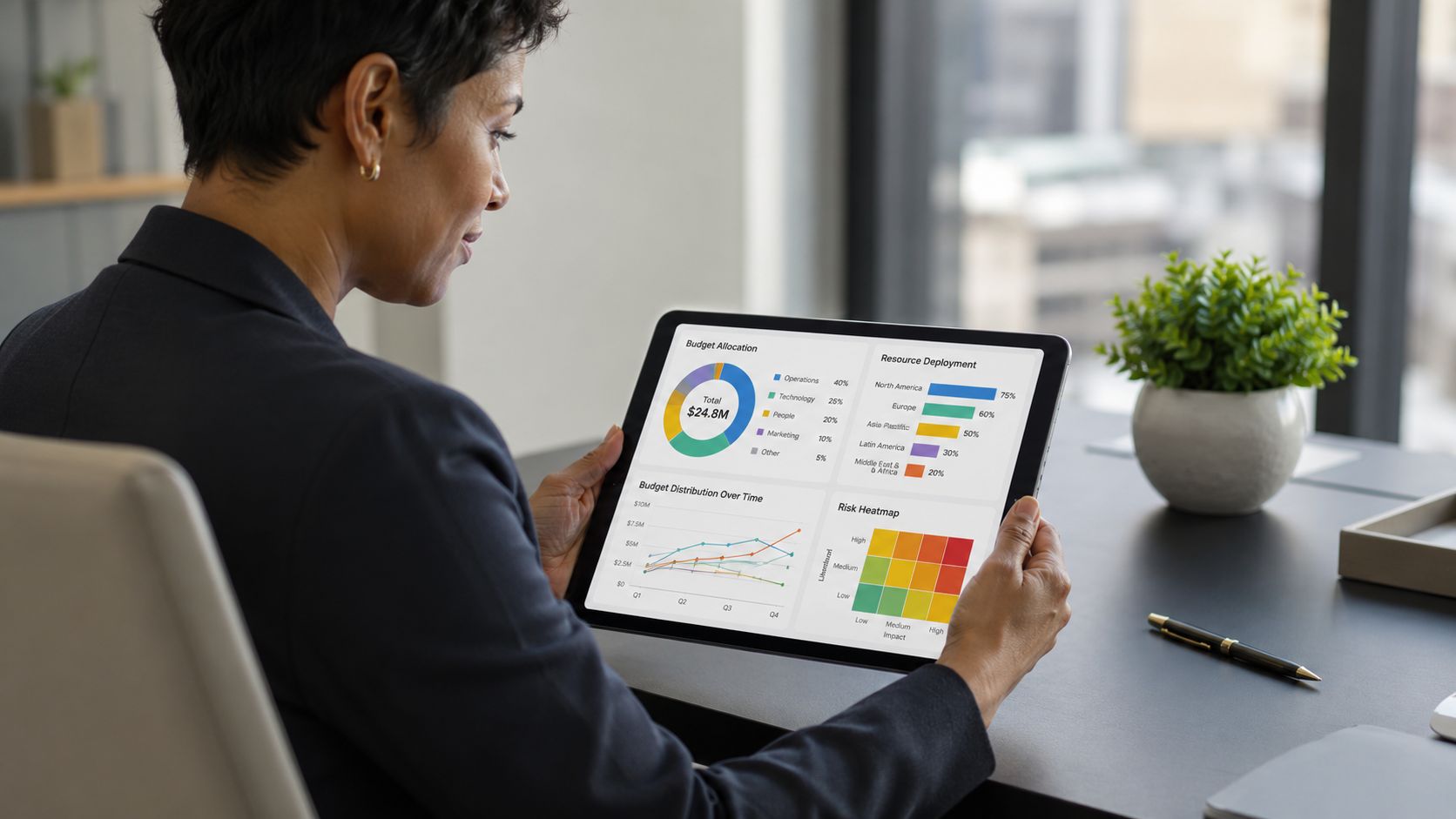 A professional woman in a suit reviews business analytics dashboards on a tablet in an office.
