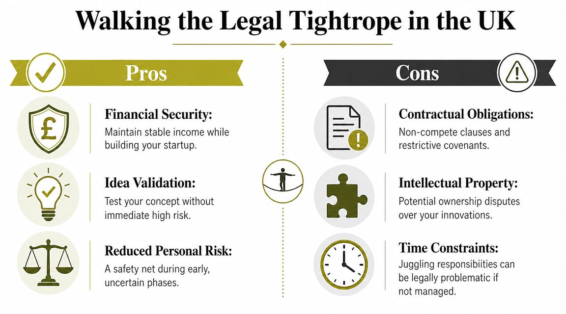 A visual comparison infographic outlining the pros and cons of starting a startup while employed in the UK.