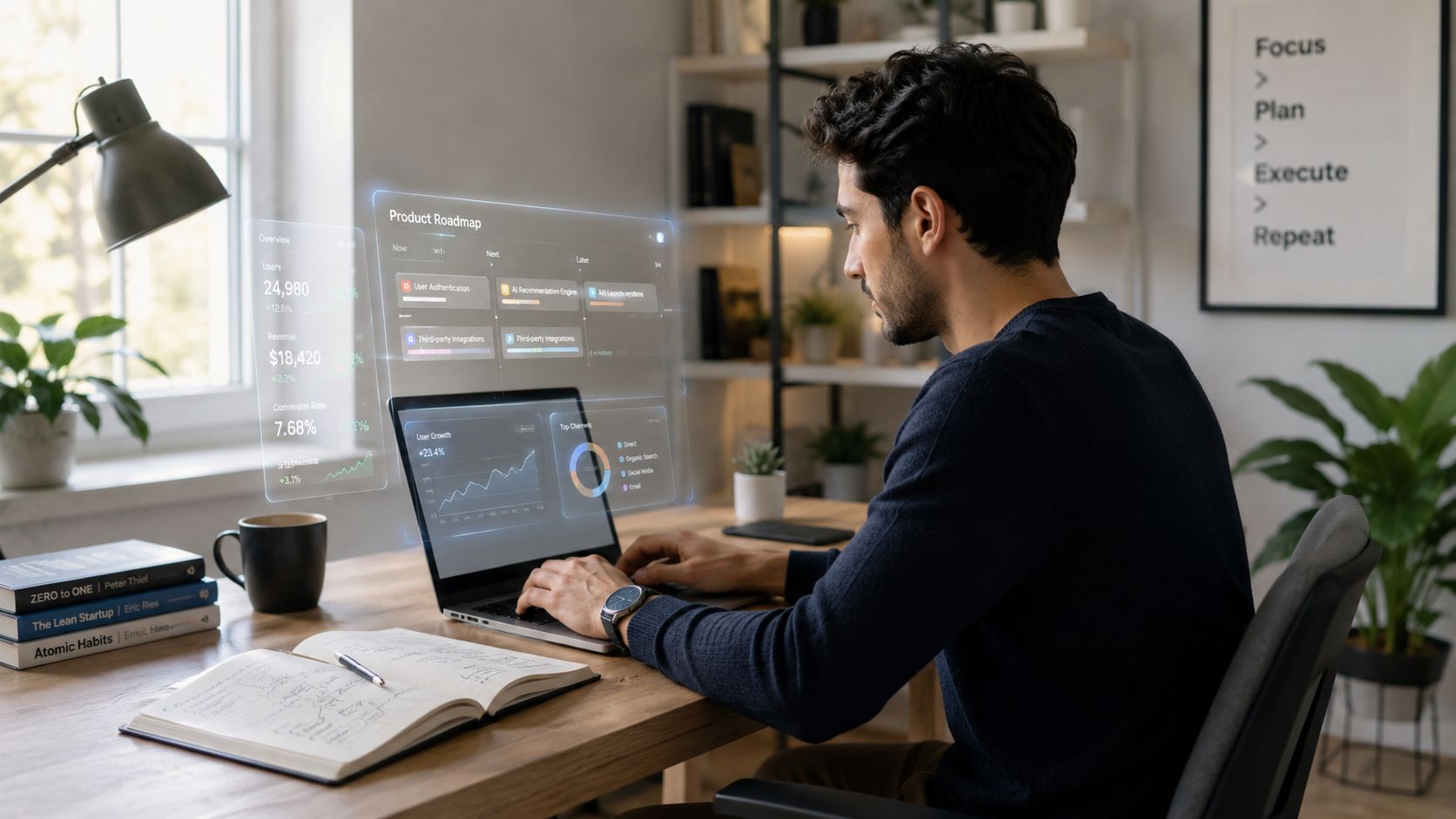 A professional man working on a laptop at a home office, displaying digital project management dashboard overlays.