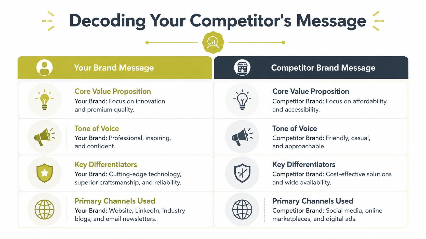 A comparison chart decoding brand messaging between your business and a competitor for strategic marketing analysis.