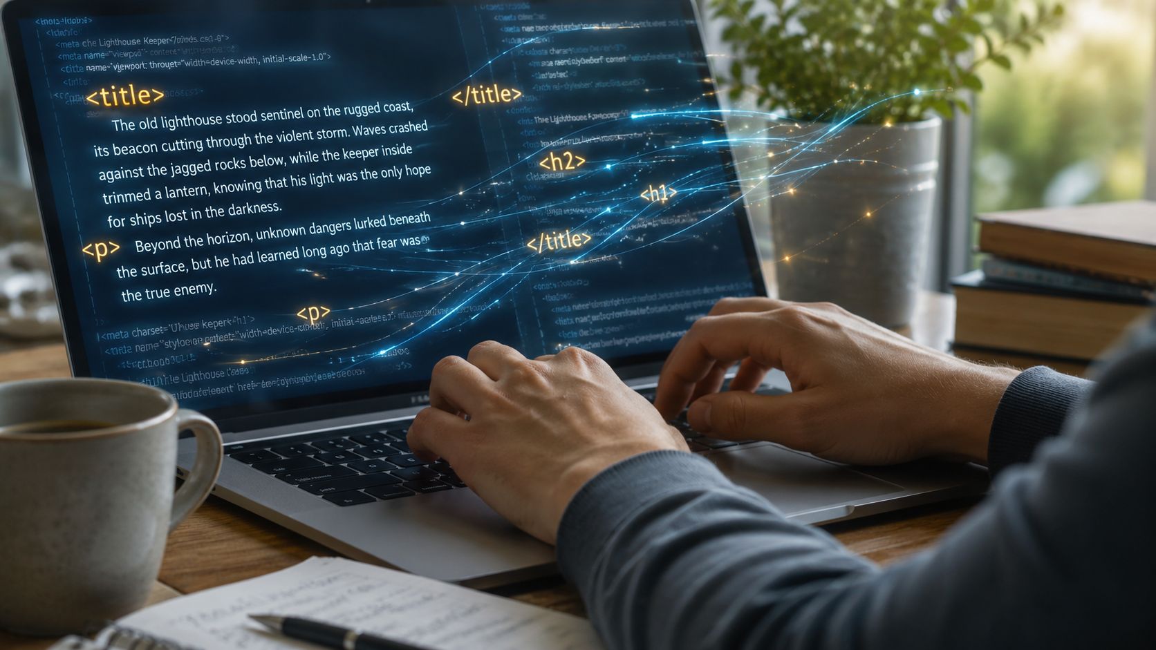 A programmer writing code on a laptop with glowing HTML tags superimposed over the screen.