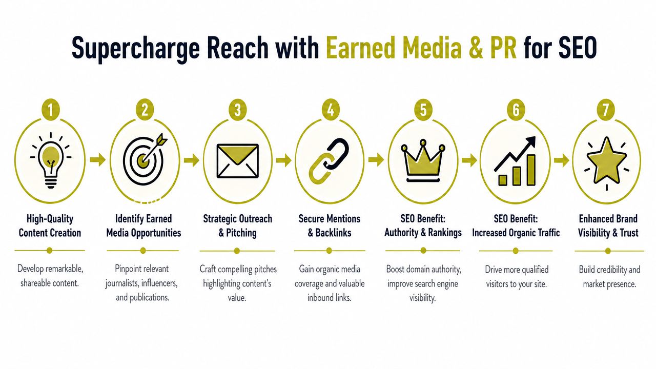 A seven-step process diagram illustrating how to supercharge reach using earned media and PR for SEO.