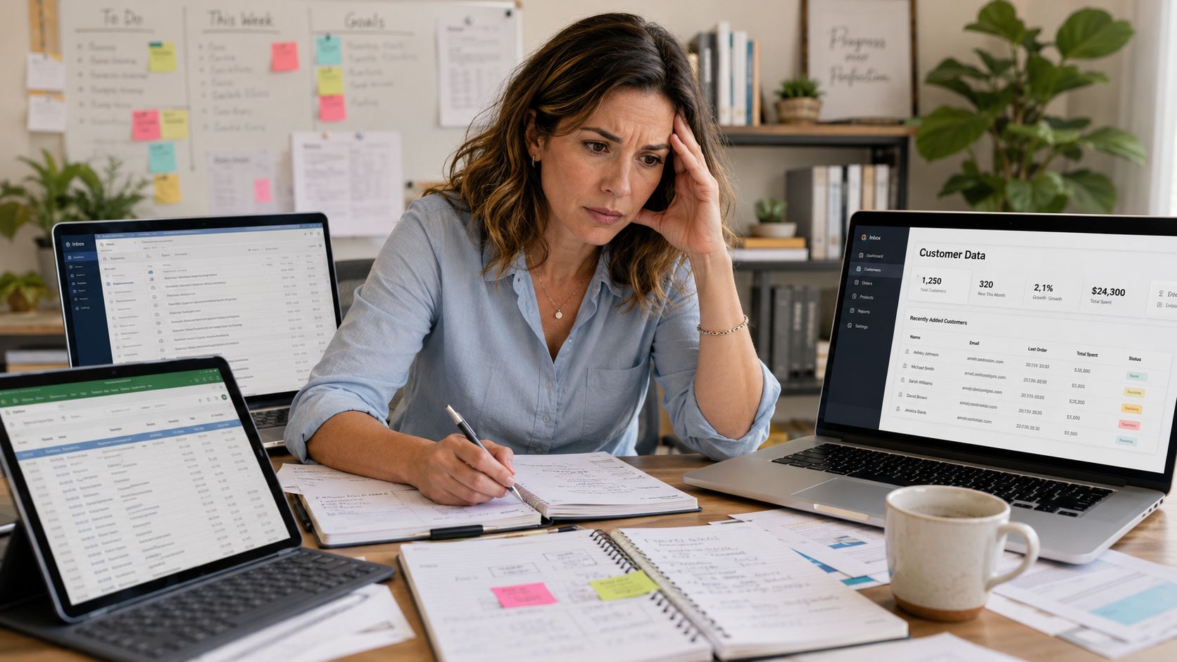 A stressed woman working at her desk with multiple screens and spreadsheets, analyzing customer data platform information.