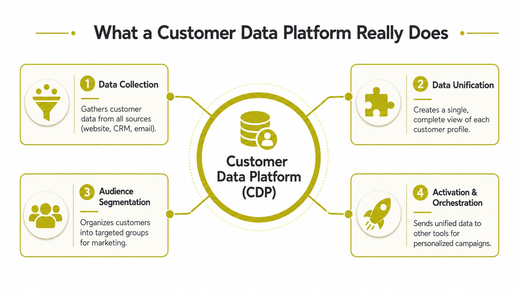 A diagram illustrating the four key functions of a Customer Data Platform: collection, unification, segmentation, and activation.