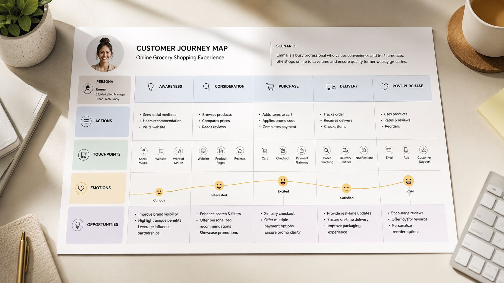A printed customer journey map for an online grocery shopping experience placed on a desk.