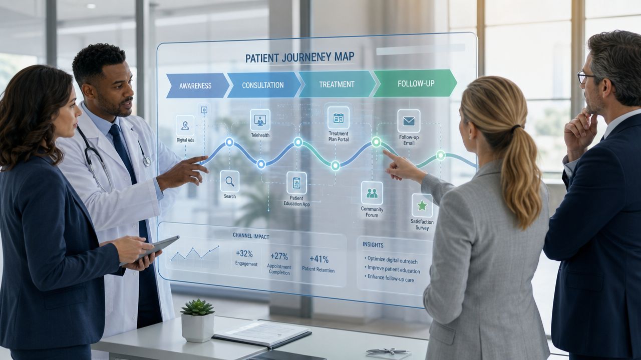 A diverse medical team discusses patient journey map data on a transparent digital screen in an office.