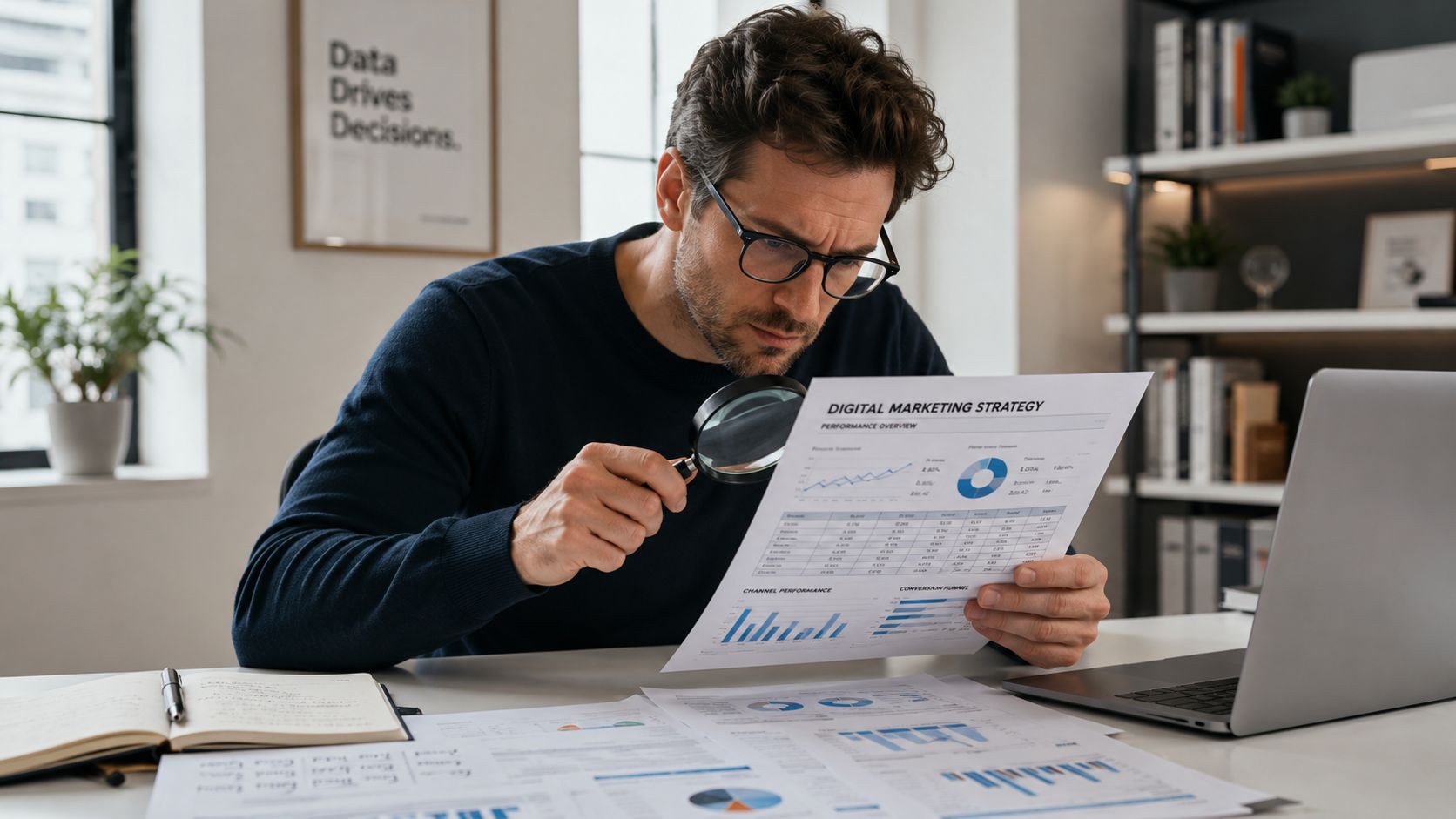 A focused professional examining a digital marketing strategy report with a magnifying glass at a desk.