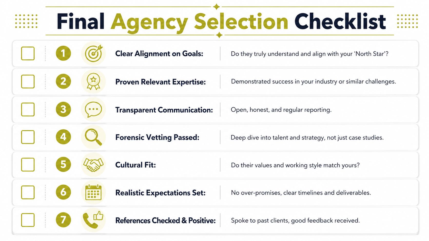 A seven-step checklist for selecting a final marketing agency, highlighting key criteria for successful business partnerships.