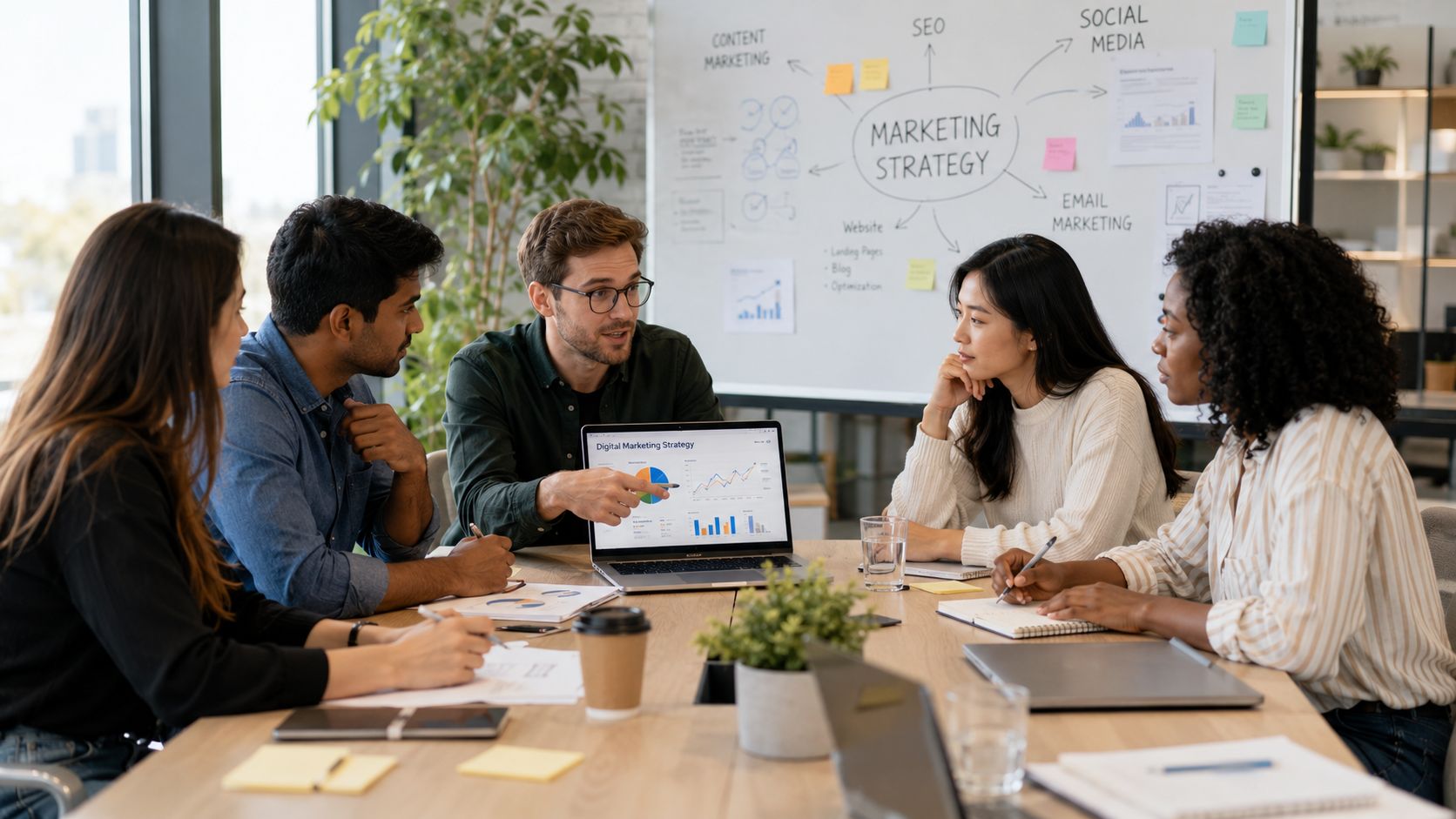 A professional team discussing digital marketing strategies while reviewing data on a laptop in a bright office.