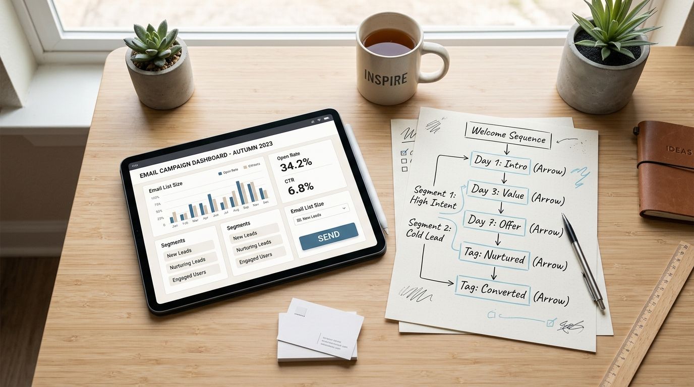 A tablet and planning notes showing an email marketing strategy with analytics and a lead flow chart.