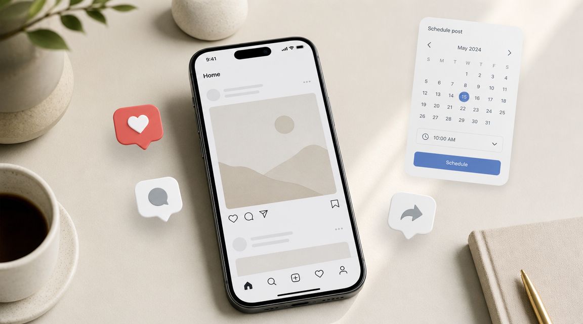 A smartphone showing a social media app next to a digital scheduling calendar on a desk.