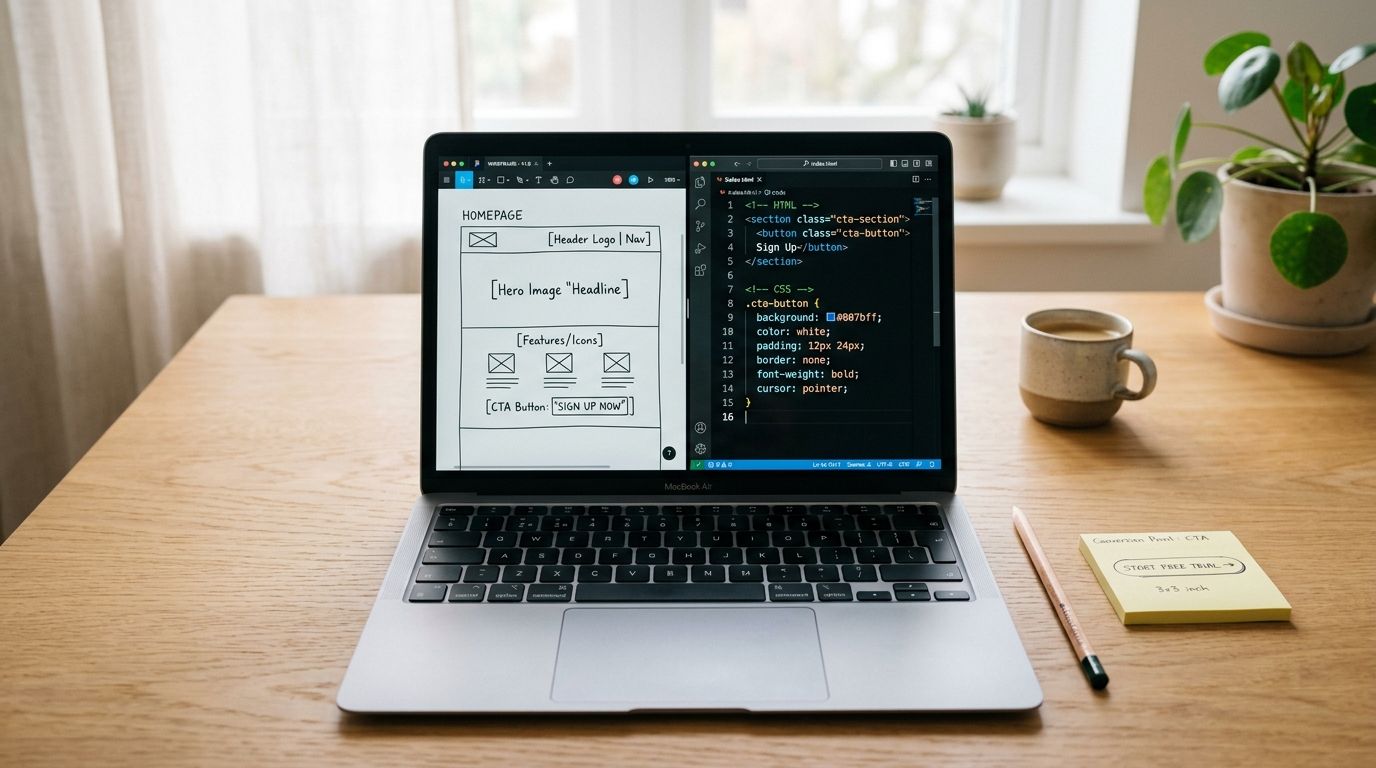 A MacBook Air displays website wireframes and coding on a wooden desk with a coffee mug and notebook.
