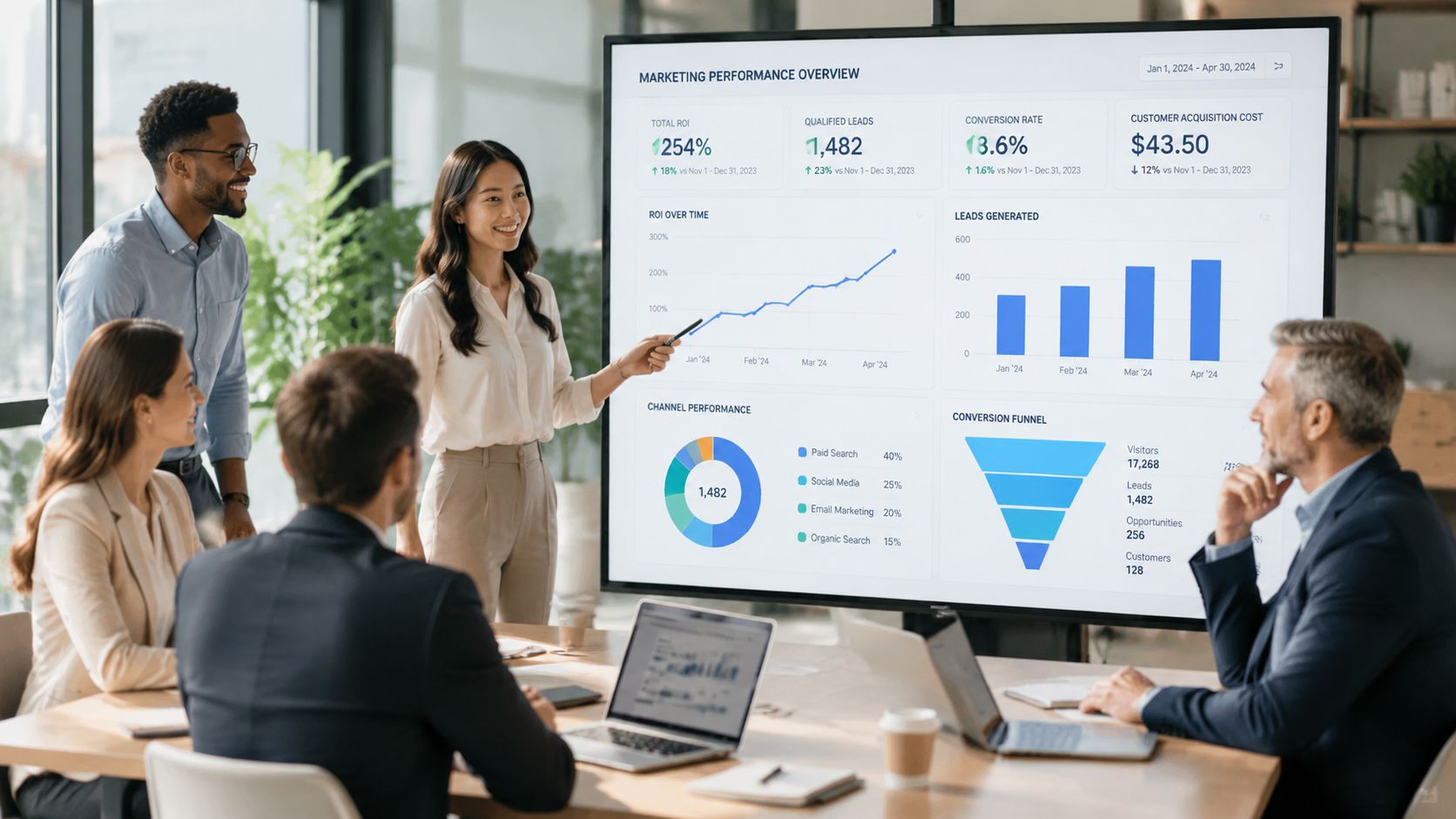 A professional team reviews marketing performance analytics on a large screen during a corporate business meeting.