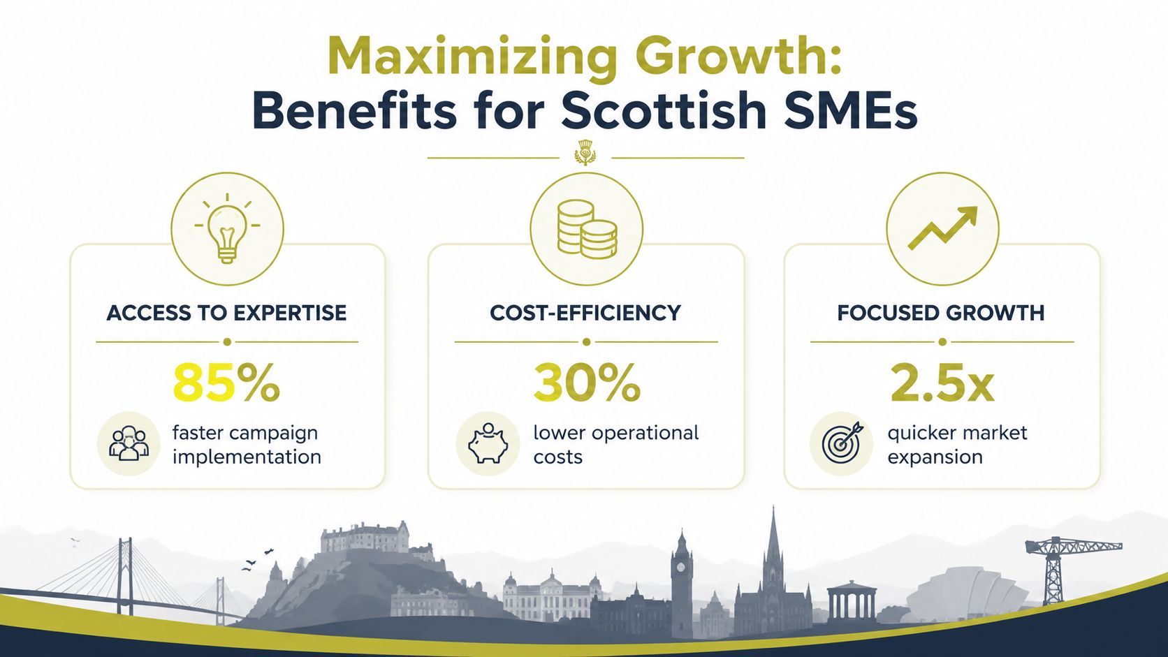 An infographic showing benefits for Scottish SMEs including expert access, cost efficiency, and focused market growth metrics.