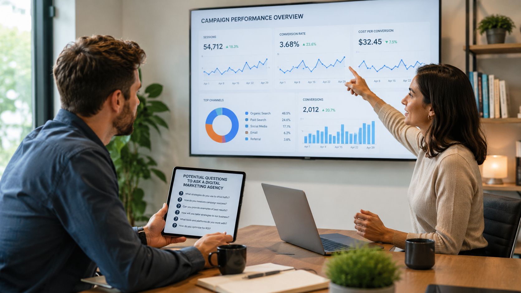 A professional man and woman discussing digital marketing strategy while viewing data analytics on a large wall screen.