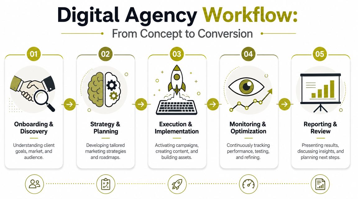 A five-step digital agency workflow diagram showing the process from initial client discovery to final reporting.