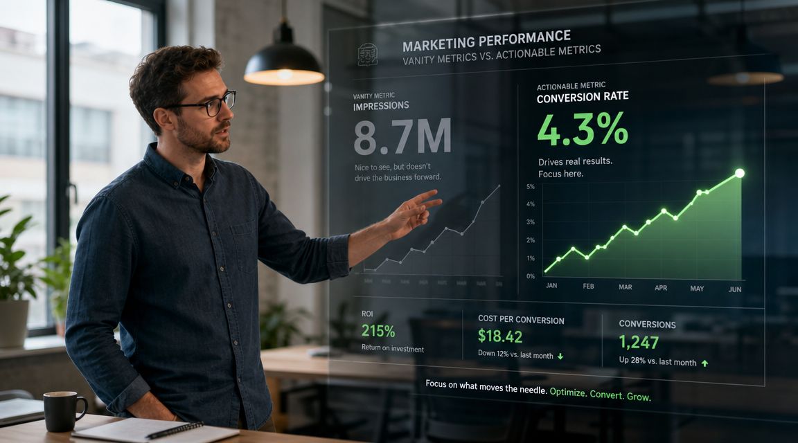 A professional analyzing a digital marketing performance dashboard on a transparent holographic display in a modern office.