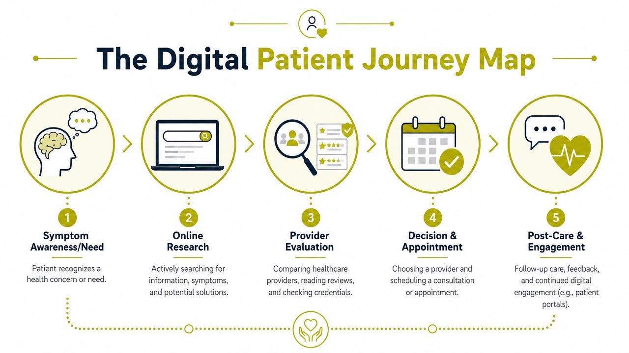 A diagram illustrating the five stages of the digital patient journey map in healthcare services.