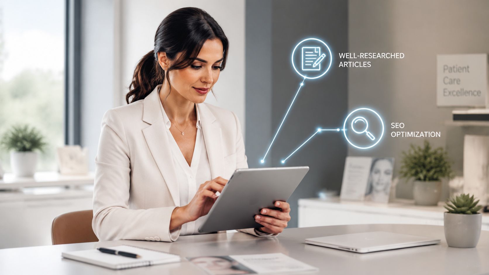 A professional woman in a suit using a tablet with digital icons for research and SEO marketing.
