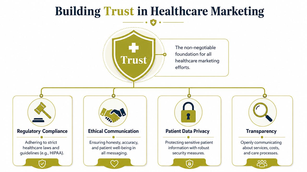 A diagram outlining the four pillars of building trust in healthcare marketing: compliance, ethics, privacy, and transparency.