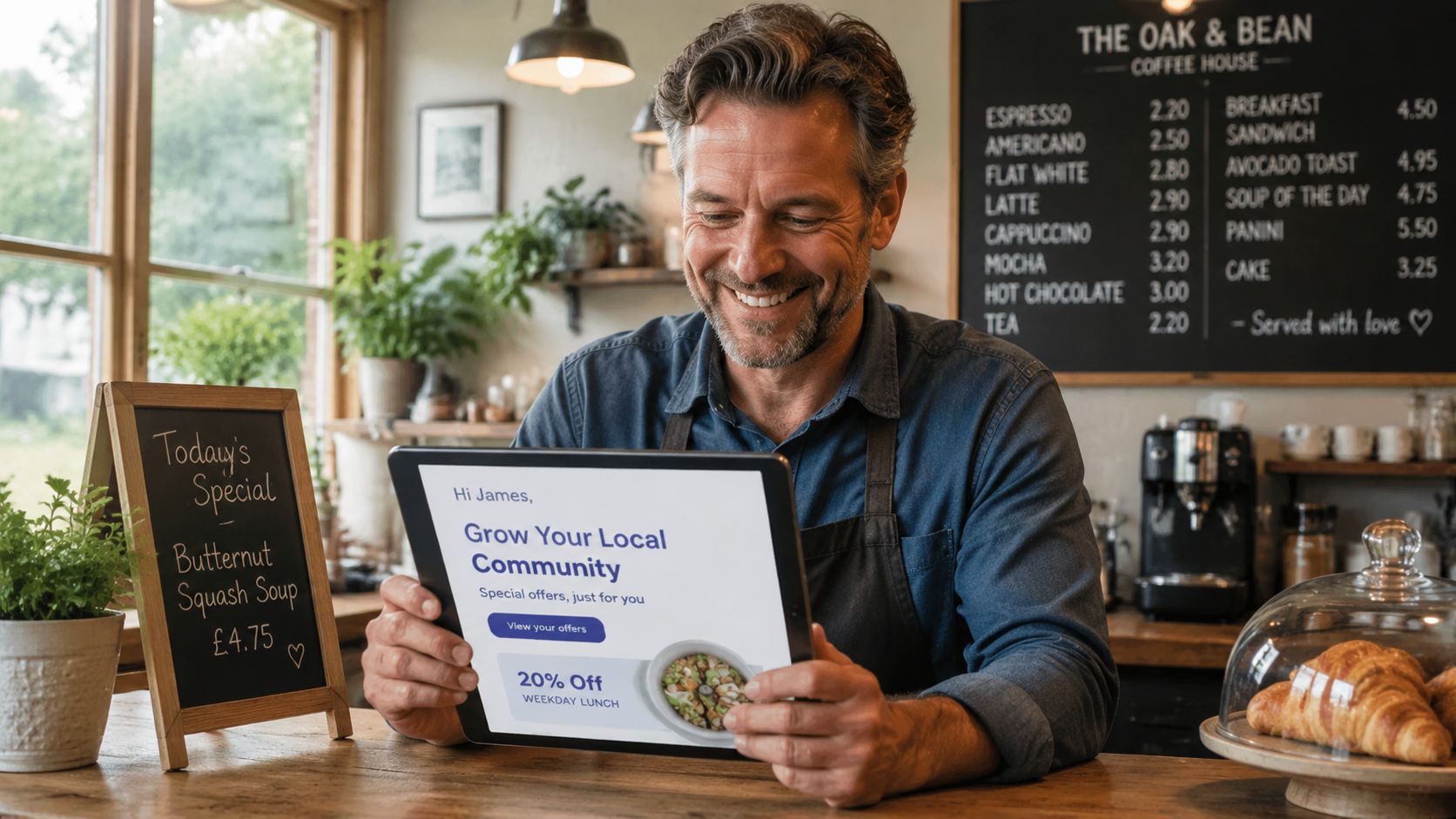 A smiling cafe owner looking at a tablet displaying personalized digital marketing offers for his coffee shop.