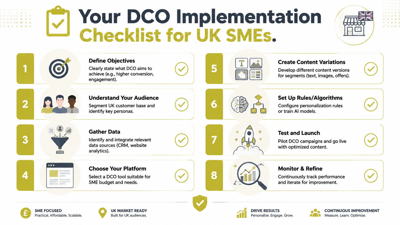 An eight-step checklist infographic for UK SMEs to successfully implement dynamic content optimization strategies.