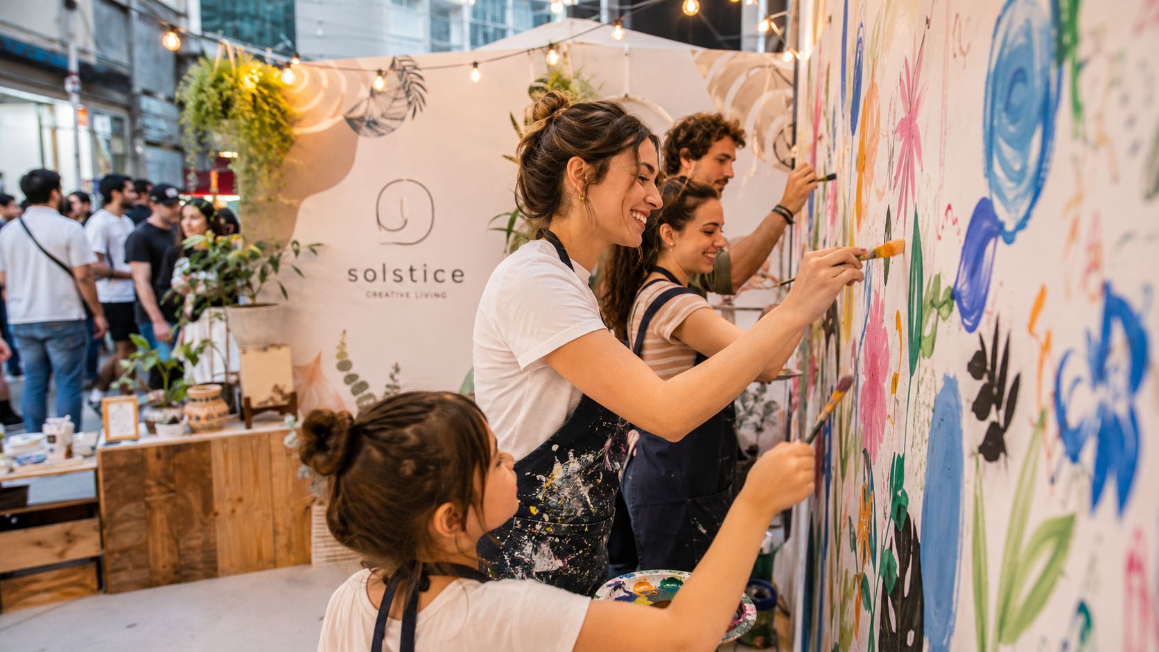 A group of people collaborating to paint a large, colorful mural at an outdoor creative event.