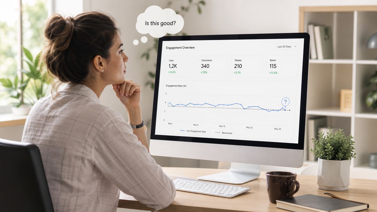 A woman looks at her desktop computer screen displaying social media analytics, questioning her engagement performance.