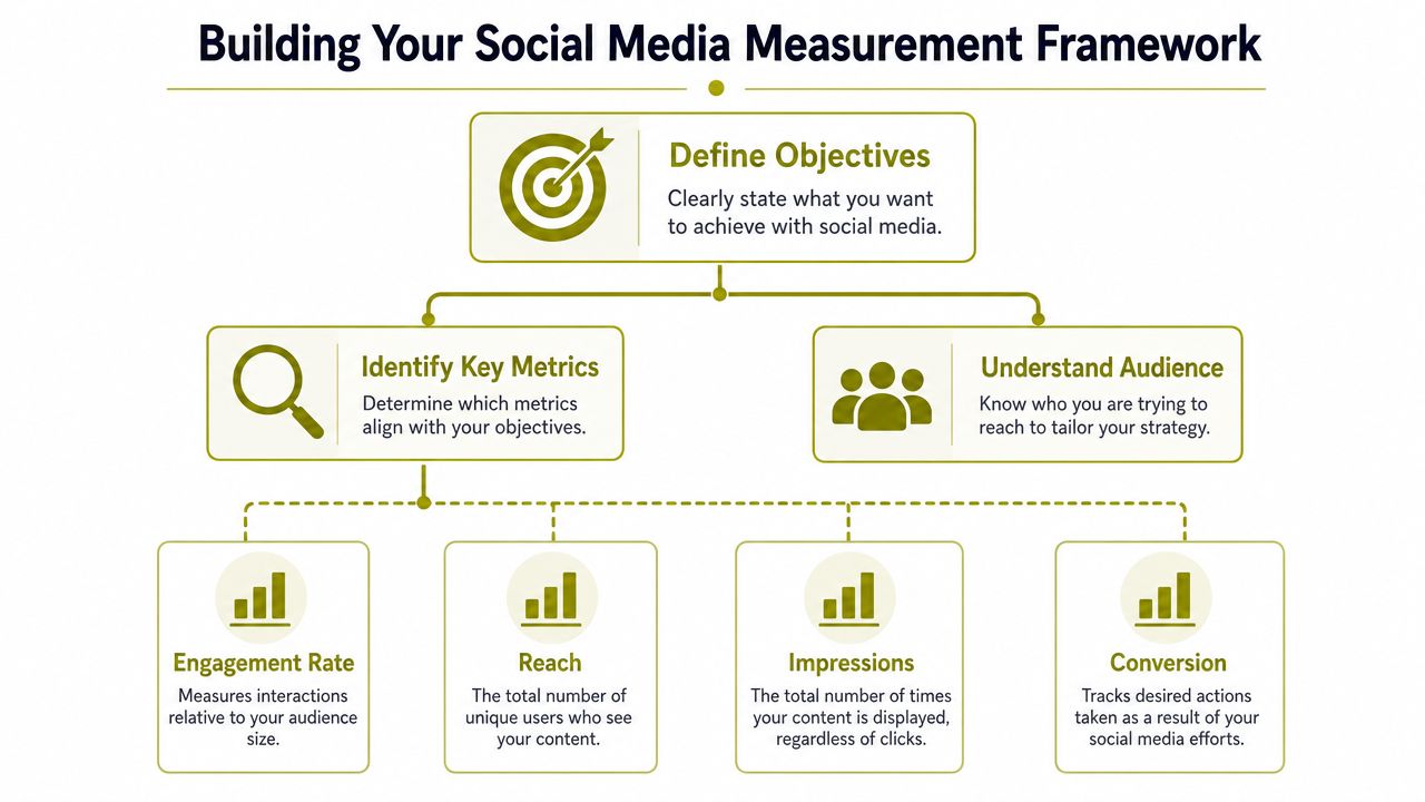 An infographic showing a framework for social media measurement with objectives, audience, and key metrics.