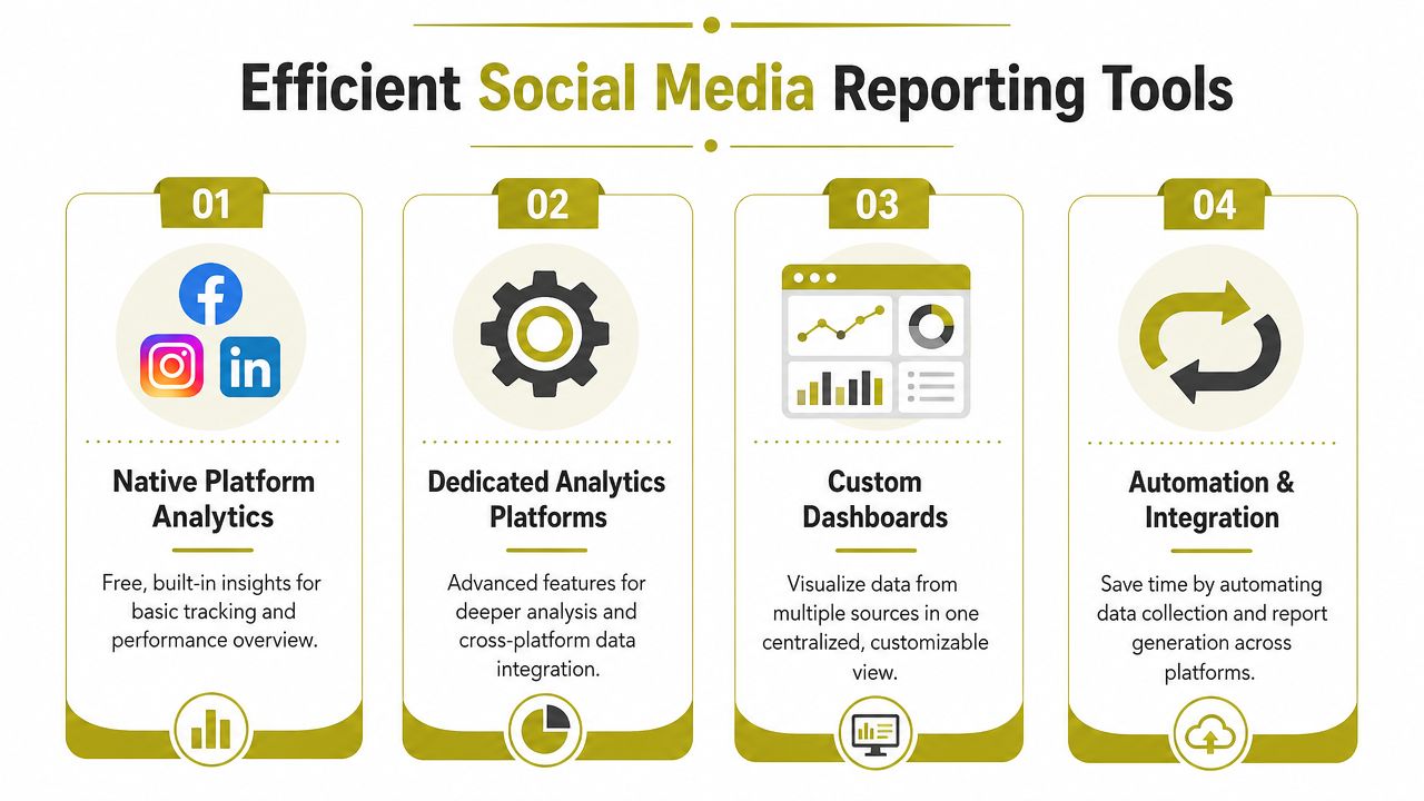 An infographic showing four efficient social media reporting tools including native analytics, dedicated platforms, custom dashboards, and automation.