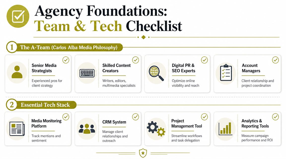 An infographic titled Agency Foundations showing key team roles and essential technology tools for PR agencies.
