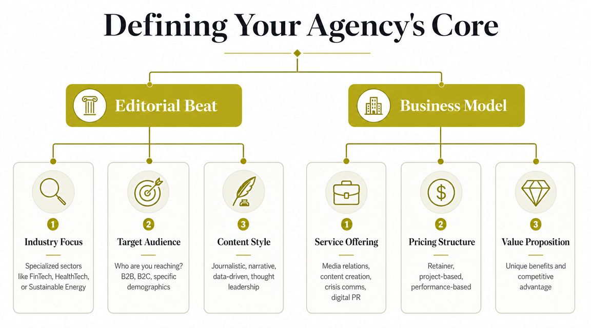 A diagram outlining the core elements of starting a PR agency, including editorial beat and business model components.