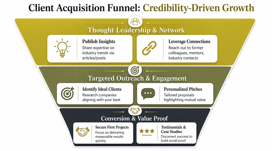 A diagram illustrating a three-stage client acquisition funnel for credibility-driven business growth, from networking to conversion.