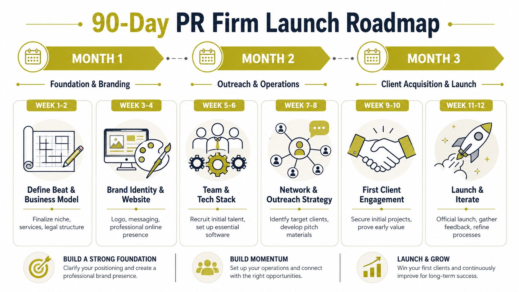 A 90-day PR firm launch roadmap infographic detailing the monthly progression from foundation to client acquisition.