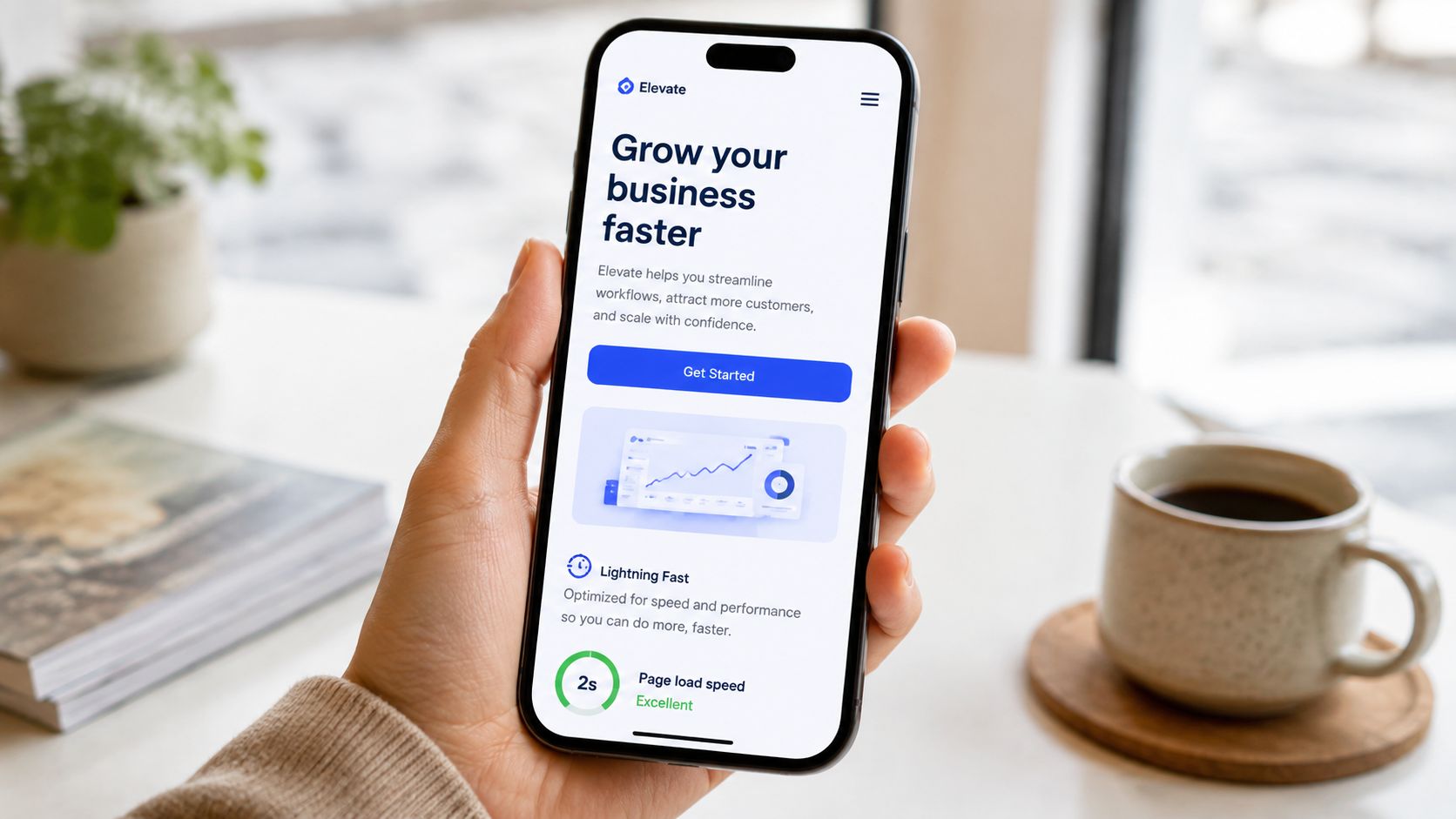 A hand holding a smartphone displaying an Elevate business growth app landing page with performance analytics.