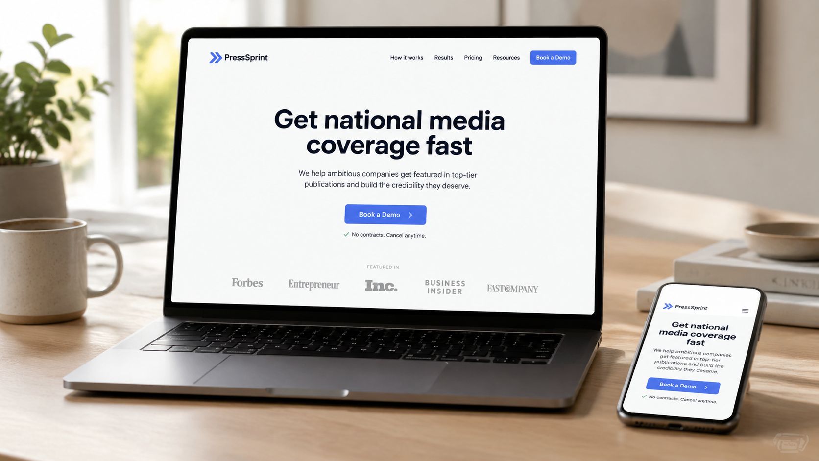 A laptop and smartphone displaying the PressSprint landing page on a wooden desk in a bright office.