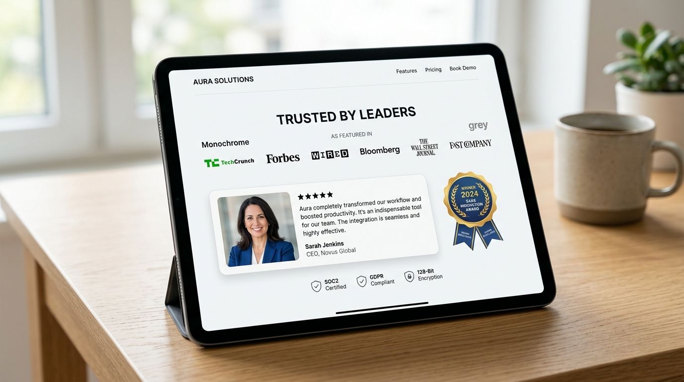 A tablet on a wooden desk displaying a business landing page featuring client testimonials and credentials.
