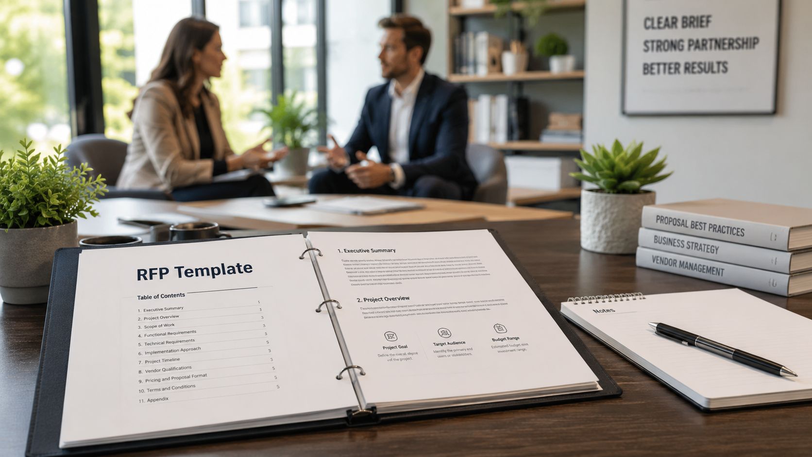 A professional desk featuring an open RFP template binder, a notebook, and blurred business people in the background.