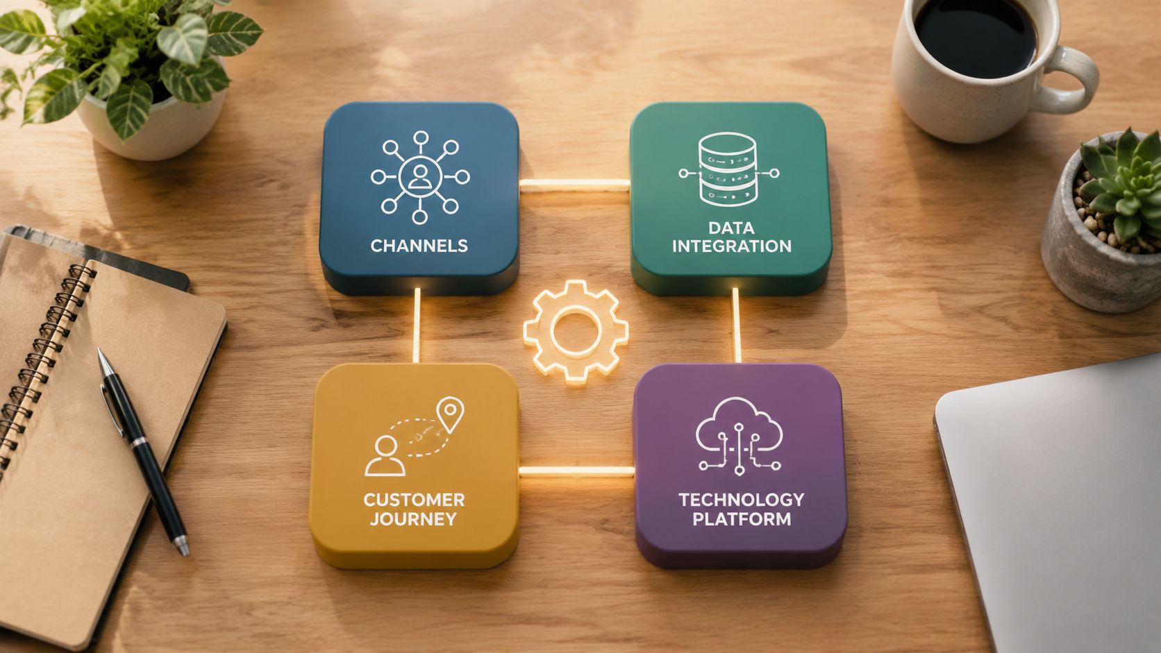 A top-down view of a business concept diagram illustrating omnichannel strategy components on a wooden desk.