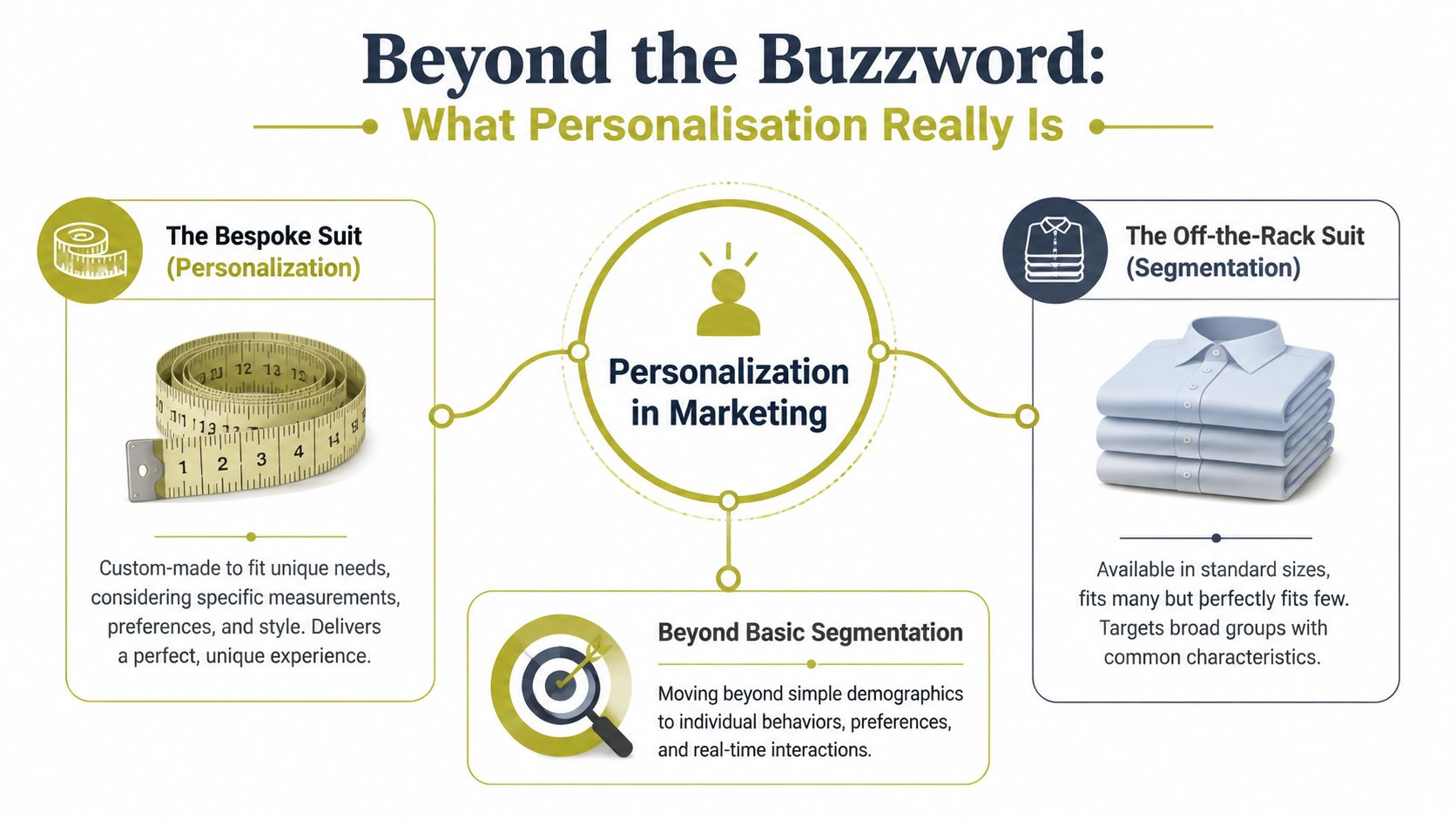 A diagram comparing marketing personalization to a bespoke suit versus segmentation to an off-the-rack suit.