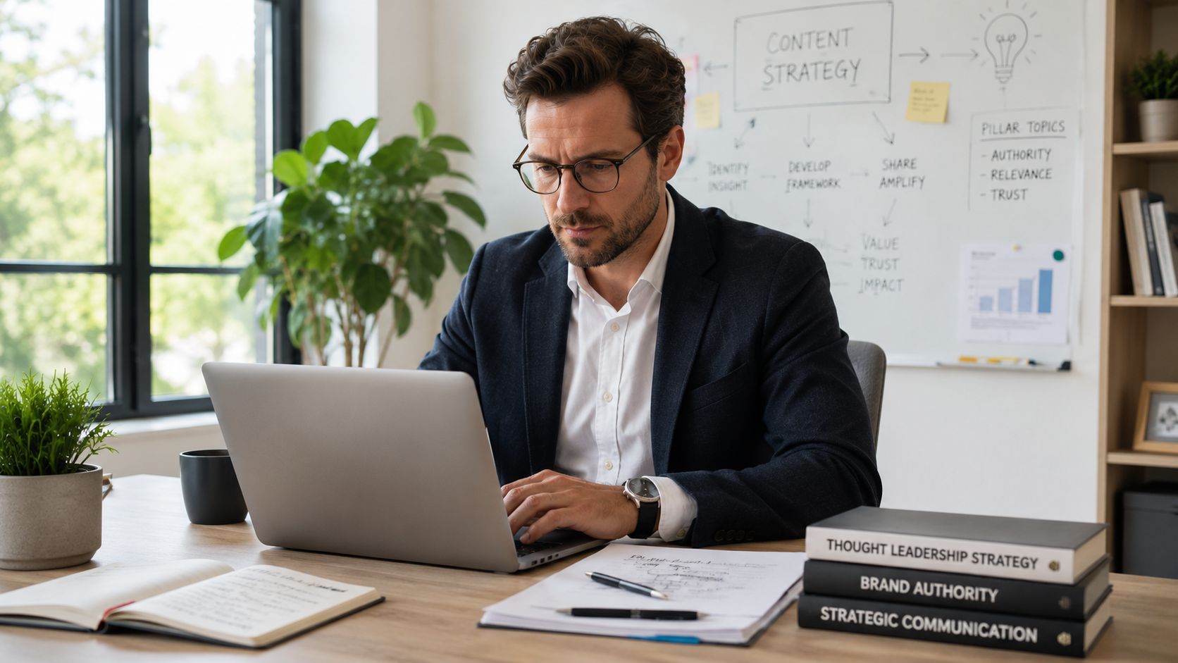 A professional man with glasses working on a laptop at his organized desk in a bright office.