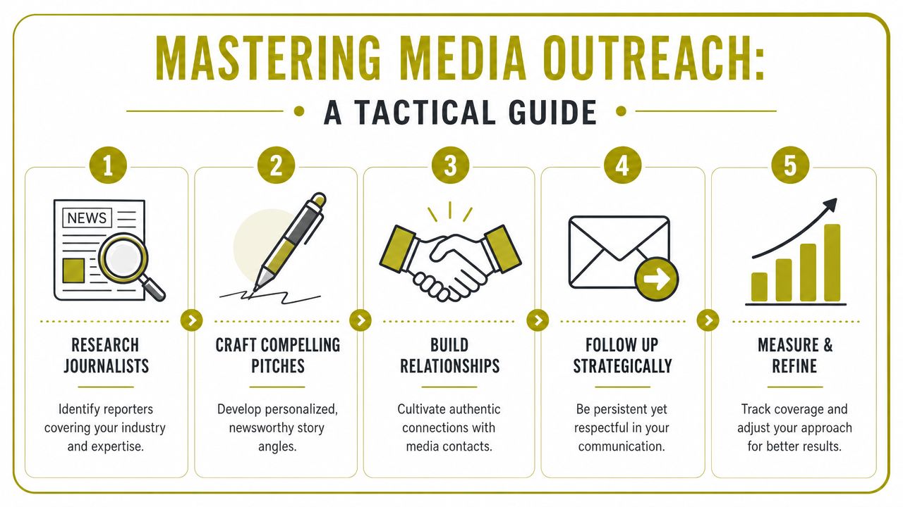 A flowchart infographic titled Mastering Media Outreach showing five numbered steps for successful public relations strategies.
