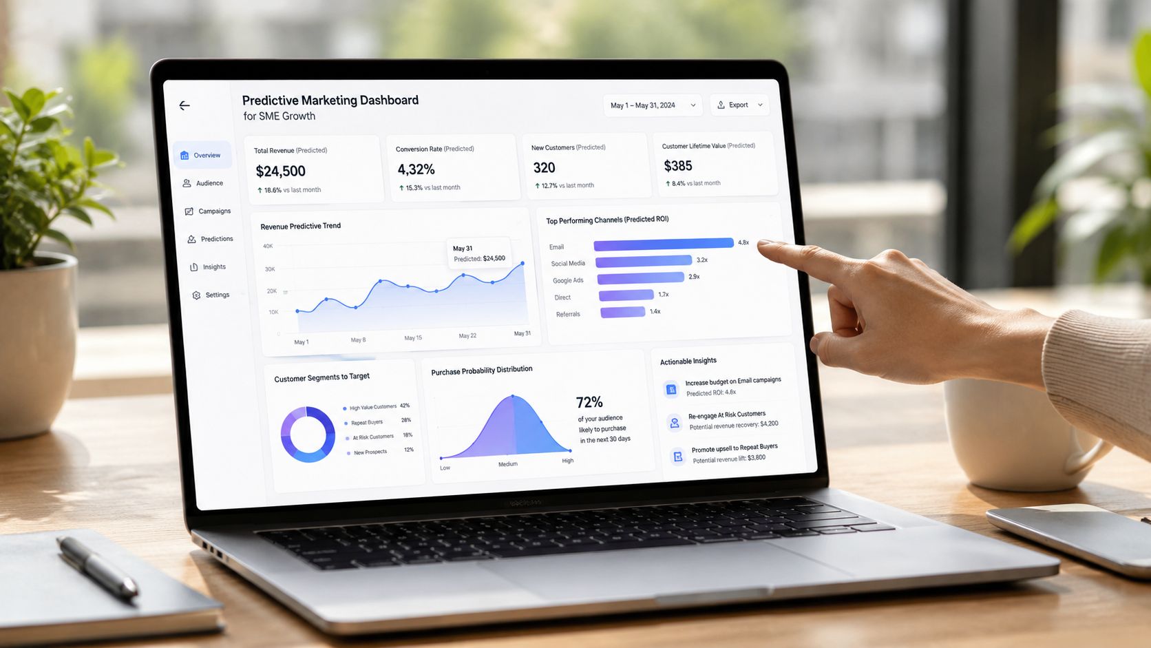 A professional using a laptop displaying a comprehensive predictive marketing dashboard for business growth analysis.