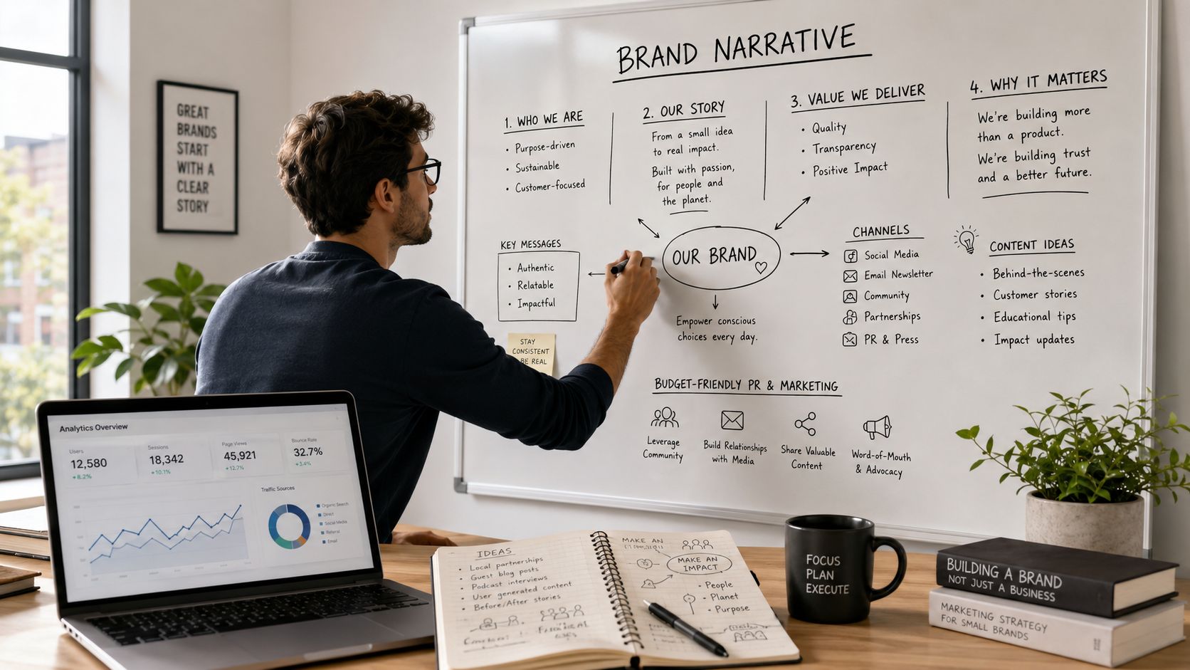 A professional man writing a brand narrative strategy on a whiteboard in a modern creative workspace.