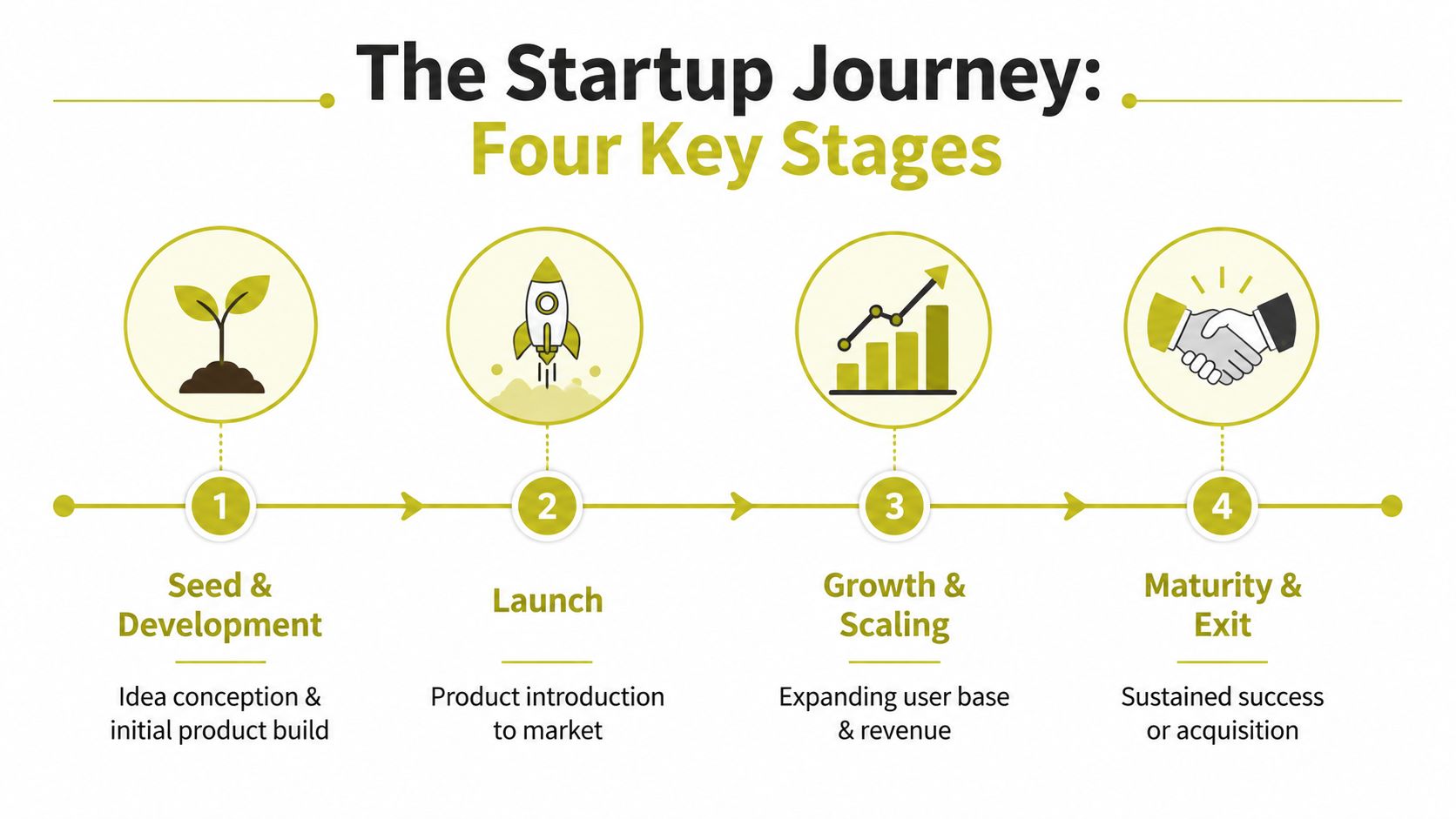 A diagram outlining the four key stages of a startup journey from seed development to maturity.